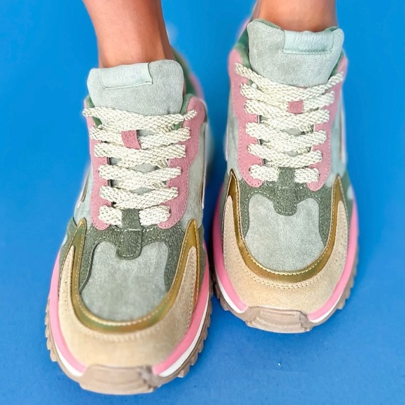 Blowfish Suede Sneakers Women’s 10 Chunky Pink Green Retro Metallic Platform - Picture 13 of 13